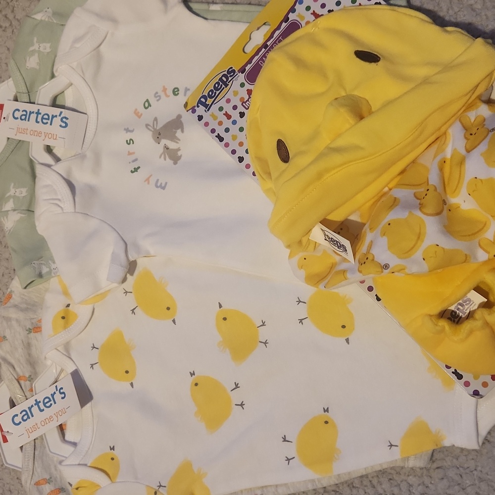 Brand New, Infant Baby First Easter Clothes, Onesies and Bib Set
